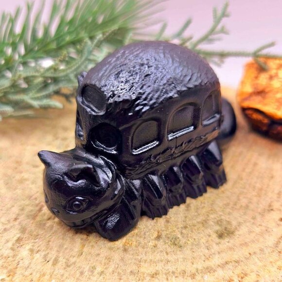Nature Black Obsidian Hand Carved Cat Bus 3" Decor Figure - Picture 5 of 10